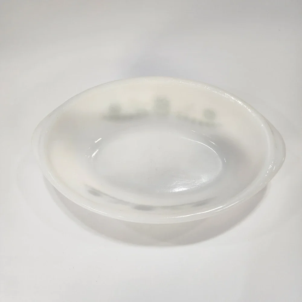 Vintage Glasbake Milk Glass Oval Casserole Dish Green Daisy Floral J-535 USA